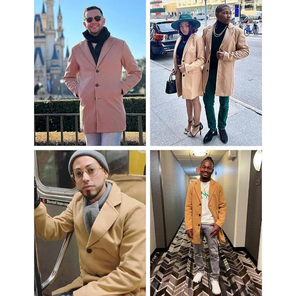 Men's Khaki Wool Blend Pea Coat Notched Collar Single Breasted Overcoat